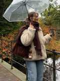 Fashionkova Christmas Gift outfit Khaki Flip Collar Zipper Warm Lamb Woolen Coat Elegant Solid Full Sleeve Short Jacket 2024 Autumn Woman New Commuter Wear