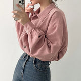 Fashionkova Rimocy Chic Pockets Long Sleeve Cropped Blouse for Women Corduroy Drawstring Short Jacket Woman Korean Wild Solid Color Coats