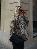 Fashionkova Chic Leopard Print Faux Fur Coats Fashion Lapel Long Sleeves Side Pockets Warm Jacket 2024 Women Winter Casual Furry Outwear