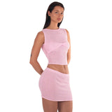 Fashionkova  Summer Women Sexy Dress Skirt Matching Y2K Two Piece Set Runched Mini Crop Tops Club Knitted Fashion Skirt Beach Set