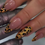 Fashionkova 24pcs Leopard Print Fake Nails with Glue Almond Acrylic Press on False Nails Gold Lines French Nail Tips Sweet Cool Autumn Nails