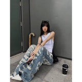 Fashionkova Women's Vintage Blue Ripped Jeans Baggy Denim Trousers 2000s High Waist Korean Y2k Streetwear Female Punk Wide Leg Pants Clothes