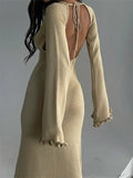 Fashionkova  Women Knitted Long Dress Long Flare Sleeve Backless Tie-up Round Neck Solid Color Ruffles Hem Dress Beachwear Vestido
