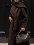 Fashionkova 2024 Vintage Brown Scarf Collar Women's Overcoat With Belt Fashion Long Sleeve Pockets Woolen Jacket Lady New Loose Streetwear ﻿