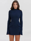 Fashionkova Mozision Dark Blue Two Pocket Sexy Mini Dress For Women 2023 Autumn Winter New Long Sleeve Bodycon Club Party Dress Elegant