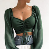 Fashionkova ALLUKASA Sexy Mesh Lantern Sleeves Drawstring Wrap Chest Bare Midriff T Shirt Women Long Sleeves Bottoming