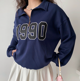 Fashionkova 90s Numbers Embroidered Half Zip Sweatshirt