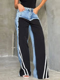 Fashionkova Denim Patchwork Women Trousers High Waist Contrast Color Striped Straight Sports Wide Leg Pants 2024 Street Autumn Lady Pants