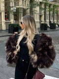 Fashionkova Chocolate Color Collision Faux Fur Jackets Open Front Long Sleeve Fluffy Women's Coats High Street Autumn Winter Warm Outerwears