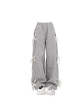 Fashionkova Women's Grey Lace Lace-up Pants Vintage Y2k Harajuku 90s Aesthetic Sweatpants Retro High Waist Wide Trousers 2000s Clothes 2024