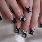 Fashionkova 24Pcs Long Coffin False Nails with Star Rhinestones Black Y2K Nail Art French Gradient Full Cover Press on Nail Tips for Girls