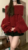 Fashionkova Christmas outfit Women Red Pullover Knitted Sweater Harajuku Y2k Long Sleeves Slash Neck Sweater Jumper Vintage 2000s Aesthetic Clothes 2024