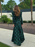 Fashionkova Christmas Gift Outfit  Vintage Green Plaid Long Sleeves V Neck Puff Maxi Dress Fashion High Waist Lady Dresses New 2025 Spring Commuter Street Vestidos