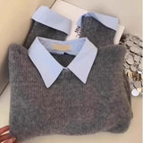 Fashionkova Christmas Gift outfit Gagaok Fake Two Shirt Collar Sweater Women Korean Style Contrasting Color Gray Pullover Knit Top Gentle Solid Pull Femme