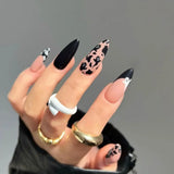 Fashionkova 24pcs Leopard Print Fake Nails with Glue Almond Acrylic Press on False Nails Gold Lines French Nail Tips Sweet Cool Autumn Nails