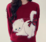 Fashionkova Christmas outfit Sweet Bow Christmas Sweater Women Korean Round Neck Soft Glutinous Cat Cute Academy Loose College Winter Festival Lady Knitwear