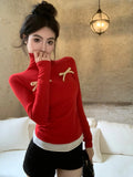 Fashionkova KUSAHIKI Detachable Bow High Neck Bottom Shirt Long Sleeved T-shirt Women's Autumn/Winter Basic Slim Fit Spicy Girl Y2k Top