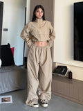 Fashionkova  Y2K Streetwear Khaki Pants Sets Women Gorpcore Vintage 90s Beige Tracksuit Oversized Kpop Fashion Harajuku Two Piece Set