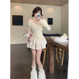 Fashionkova Japanese Elegant Kawaii Two Piece Set Women French Vintage Sweet Mini Skirt Suit Female Korean V-neck Cardigan＋Cake Skirt 2024