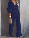 Fashionkova  Elegant Women Lace Wide Leg Pants Jumpsuits Solid Color Long Sleeve High Waist V Neck Floral Rompers Streetwear 2024