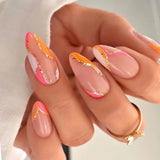 Fashionkova 24pcs French False Nails Almond Head Summer Style Glitter Design Fake Nail Patch Full Cover Wearable Women Press on Nail Tips