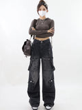 Fashionkova Women Vintage Black Gothic Cargo Jeans Y2k Wide Leg Denim Pants Oversize 2000s High Waist Jeans Korean Baggy Trousers 90s Jeans