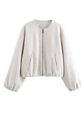 Fashionkova Zipper Woolen Solid Women Jacket Full Sleeve Pocket Female Coat 2024 Casual Fashion Autumn Loose O Neck Warm Soft Lady Outwear