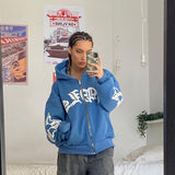 Fashionkova Vintage Loose Aesthetic Hoodie Hip Hop Oversize High Street Casual Sweatshirt Zip Autumn Letter Print  Woman Goth Y2k Clothing