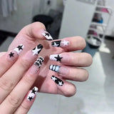 Fashionkova 24Pcs Long Coffin False Nails with Star Rhinestones Black Y2K Nail Art French Gradient Full Cover Press on Nail Tips for Girls