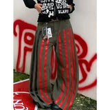 Fashionkova Autumn Women's Casual Retro Wide Leg Baggy Emo Denim Trouser Harajuku High Waist Loose Jeans Lady Green Striped Print Pants