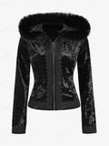 Fashionkova Christmas outfit ROSEGAL Plus Size Gothic Fur Coats Black Full Zipper Applique Panel Fur Trim Fluffy Collar Long Sleeves Velvet Coat Outwears