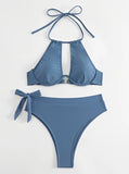 Fashionkova Christmas Gift 2024 Cut-out Push Up Bikini Solid Halter Swimsuit Women High Waist Swimwear Female Bathers Bathing Swimming Swim Suit Beachwear