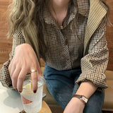 Fashionkova Plaid Shirts Women Retro Turn-down Collar Blouses All-match Straight Hong Kong Style Button Up Elegant Long Sleeve Outwear Femme