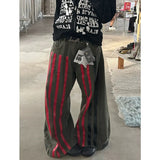 Fashionkova Autumn Women's Casual Retro Wide Leg Baggy Emo Denim Trouser Harajuku High Waist Loose Jeans Lady Green Striped Print Pants