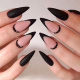 Fashionkova Long Stiletto False Nails Black Edge French Gold Thread Black Rhinestones Design Wearable Fake Nails Press On Nails Manicure Tip