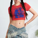 Fashionkova 2024 New Fashion Women's Summer Baby Tee Cartoon Portrait Letter Print Short Sleeve Round Neck Crop Tops Cute Streetwear
