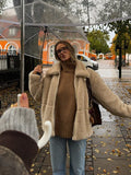 Fashionkova Christmas Gift outfit Khaki Flip Collar Zipper Warm Lamb Woolen Coat Elegant Solid Full Sleeve Short Jacket 2024 Autumn Woman New Commuter Wear