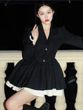 Fashionkova Korean Fashion Black Suit Dress Women Long Sleeve Lapel Autumn Spring Y2K Kawaii Birthday Party A-line Princess Vestidos Mujer