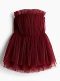 Fashionkova Christmas gift Christmas outfit Fashion Burgundy Sexy Sleeveless Backless Top Elegant Solid Pleated Mesh Tulle Ruffles Tank Tops Christmas New Year Party Gowns