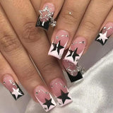 Fashionkova 24Pcs Long Coffin False Nails with Star Rhinestones Black Y2K Nail Art French Gradient Full Cover Press on Nail Tips for Girls