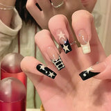 Fashionkova 24Pcs Long Coffin False Nails with Star Rhinestones Black Y2K Nail Art French Gradient Full Cover Press on Nail Tips for Girls