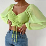 Fashionkova ALLUKASA Sexy Mesh Lantern Sleeves Drawstring Wrap Chest Bare Midriff T Shirt Women Long Sleeves Bottoming