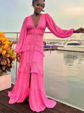 Fashionkova Women Elegant Layered Ruffles Patchwork Long Dress Chic V Neck Puff Full Sleeves Split Maxi Dresses Fashion Lady Party Robes