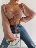 Fashionkova ALLUKASA Sexy Mesh Lantern Sleeves Drawstring Wrap Chest Bare Midriff T Shirt Women Long Sleeves Bottoming