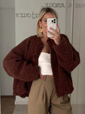 Fashionkova 2024 Retro Coffee Single Breasted Lamb Wool Jacket women Vintage Long Sleeve Oversized O-neck Coats Lady Chic High Streetwear