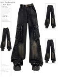 Fashionkova Women's Black Gothic Cargo Jeans Vintage Korean 90s Aesthetic Y2k Denim Trousers Harajuku High Waist Cowboy Pants 2000s Clothes