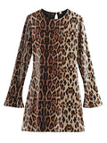 Fashionkova Sequins Leopard Print Mini Dress Women O-neck Long Sleeve Loose Chic Glitter Short Street Dresses Holiday Party Evening Robe