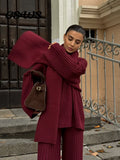 Fashionkova Elegant Knit Burgundy Red Set With Scarf Women Autumn Long Sleeve V-neck Loose Top Set 2024 Fashion Elastic Wide Leg Pants Suit