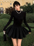 Fashionkova Elegant Solid Knitted Dress Women Long Sleeve Half High Collar A-line Mini Dresses Autumn Winter Birthday Party Vestidos Trend