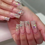 Fashionkova 24Pcs Long Coffin False Nails with Star Rhinestones Black Y2K Nail Art French Gradient Full Cover Press on Nail Tips for Girls